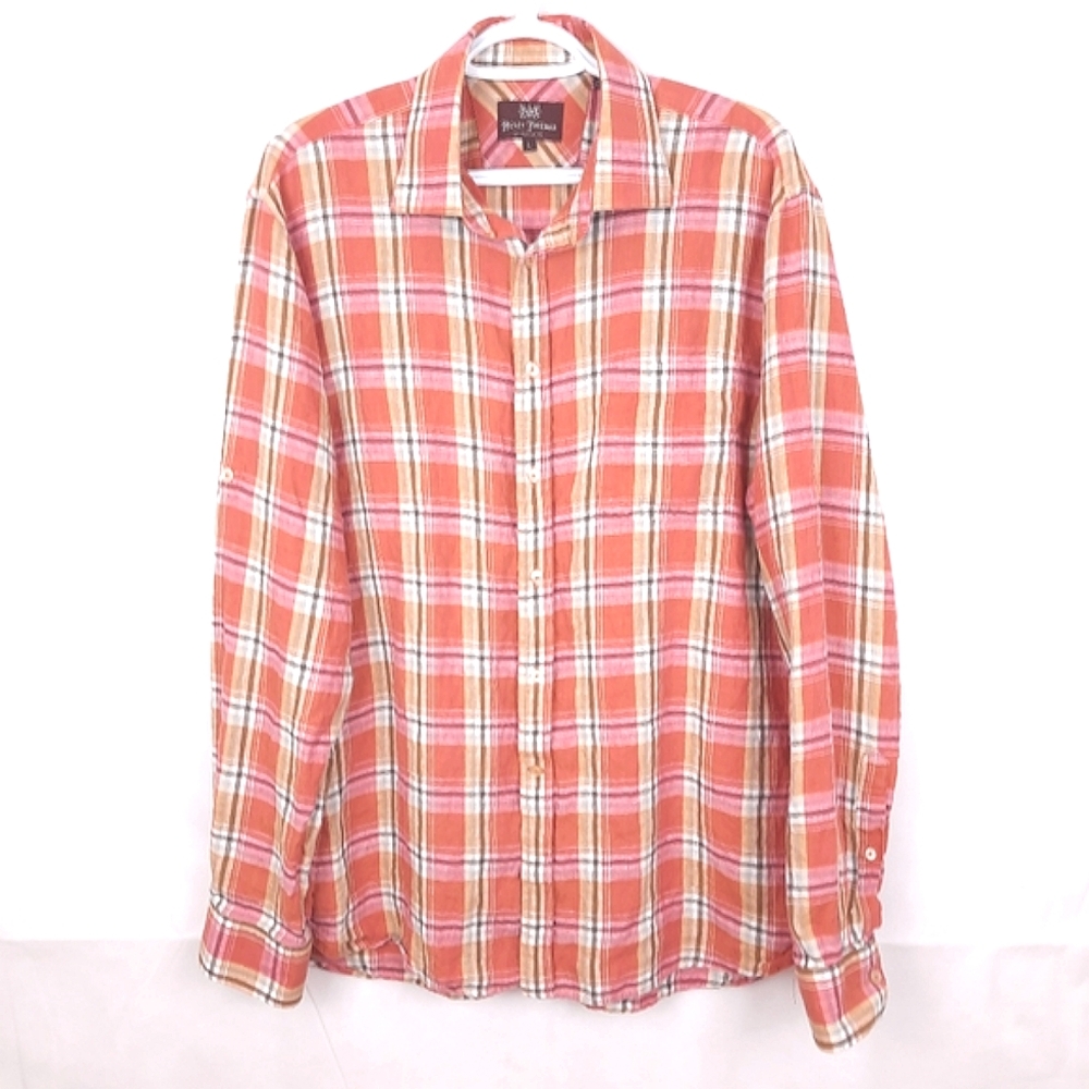 Hickey Freeman Linen Plaid Shirt sz L